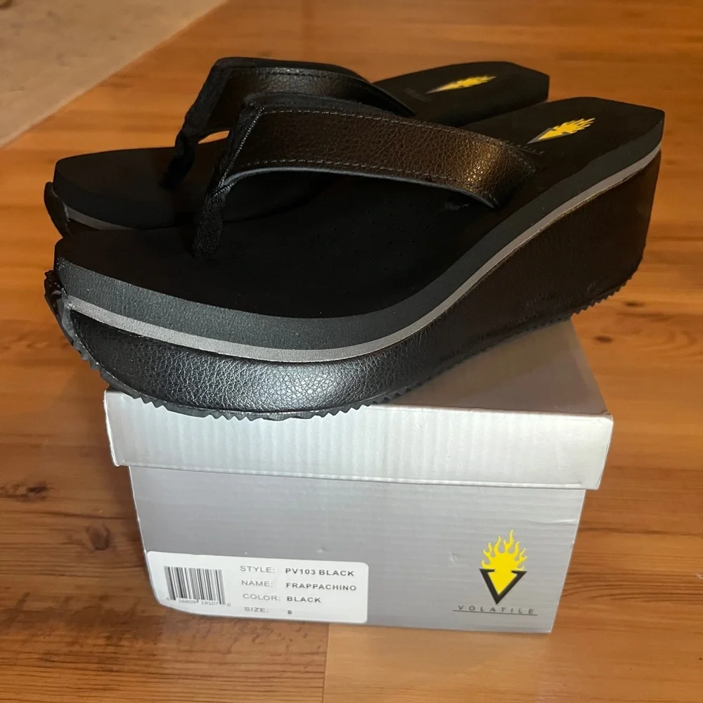 LIKE NEW w/Box Volatile Black Wedge Leather Platform Sandals - Picture 6 of 13